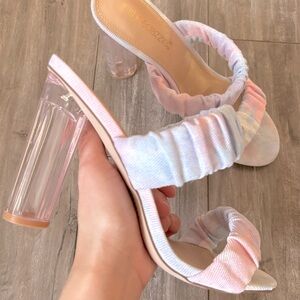 ShoeDazzle‎ Reyia Two Strap Clear High Heeled Sandal SIZE 6.5 Pastel Blue Pink